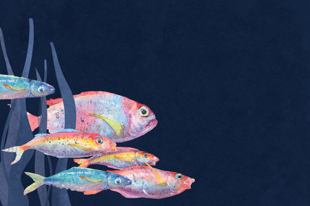 A flock of fish in algae against a dark background. Watercolour drawingの写真素材