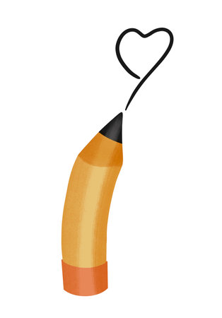 Flat student standing pencil. Cartoon character pencil. Flat character education pencil drawing the heart lineの写真素材