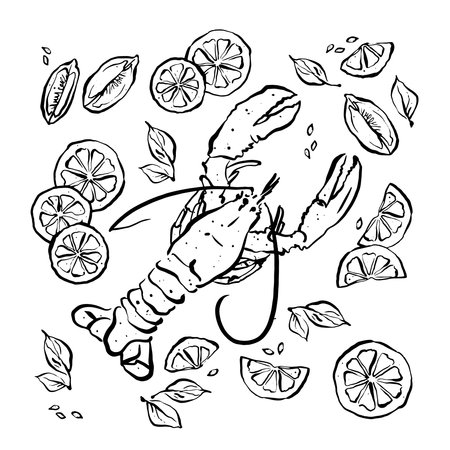 Cute summer pattern Lobster, lime, hand drawn Vector illustration, wallpaper, wrapping and printsのイラスト素材