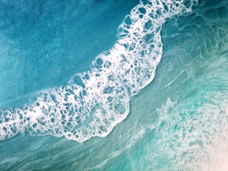 Aerial view of turquoise ocean wave with white foamの写真素材