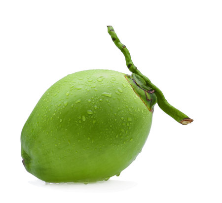 water drop green coconut isolated on white backgroundの写真素材
