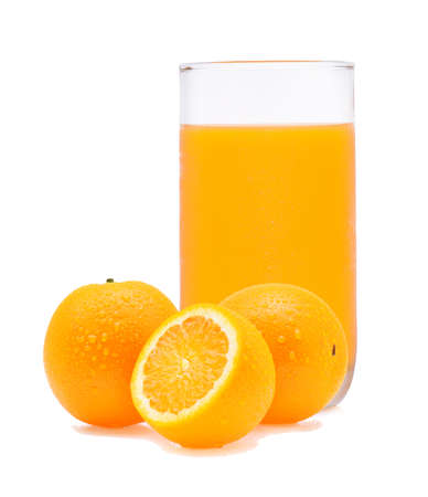 Orange juice and slices of orange isolated on whiteの写真素材