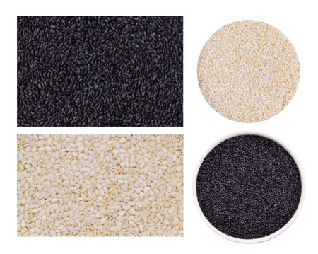 White sesame seeds and black sesame seeds isolated on white backgroundの写真素材