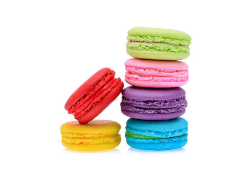 Sweet and colourful french macaroons or macaron on white background, Dessert.の写真素材