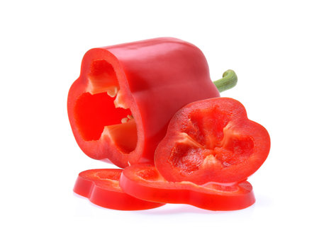 Red bell peppers isolated on white background.の写真素材