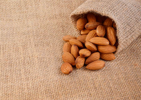 Almonds on the sack backgroundの写真素材