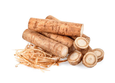 Burdock roots isolated white background.の写真素材