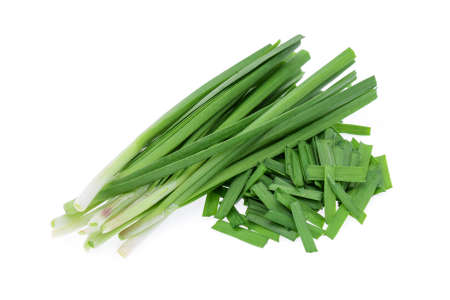 Garlic chives isolated on white backgroundの写真素材