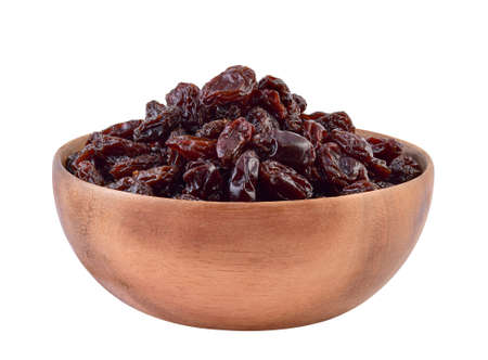 dried raisins in wooden cups isolated on white backgroundの写真素材