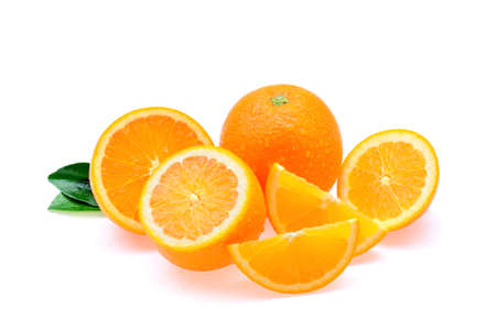 Orange fruit with drops isolated on white backgroundの写真素材