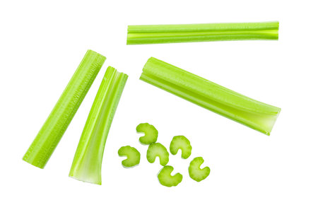 Top view of celery isolated on white backgroundの写真素材