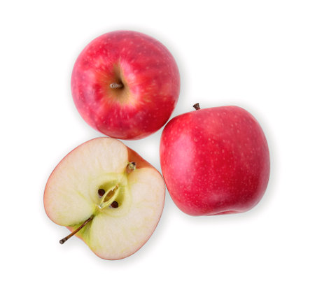 Top view of pink lady apples isolated on white backgroundの写真素材