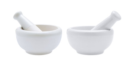 white mortar and pestles isolated on white backgroundの写真素材