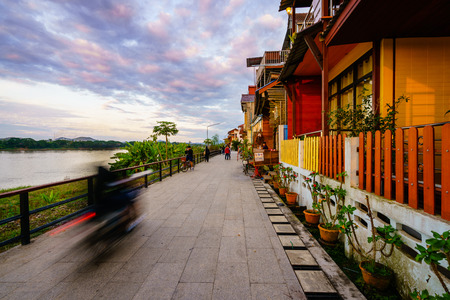 Chiang Khan Riverwalk with Beautiful Cloudy Sky, Loei Thailandのeditorial素材