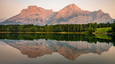 Beautiful Natural View with Sunrise at Wedge Pond, Canadaの写真素材