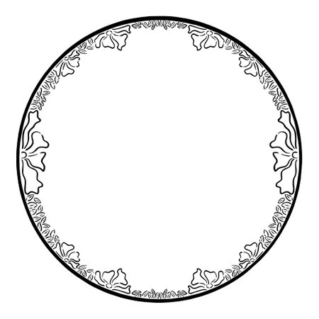Oval black and white round frame with floral pattern. Vector clip art.のイラスト素材
