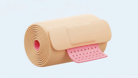 The image features a rolled-up bandage with a beige color and a pink perforated end. The bandage is isolated against a white background, and the image has a transparent background, making it suitable for various design applications. This product is commonly used for medical purposes to cover and protect wounds.の素材
