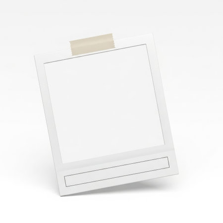 This image features a white sticky note with a piece of tape attached to its top. The sticky note is slightly tilted to the right and has a dashed outline. The entire image is set against a white background, making it suitable for various design applications. The simplicity and clarity of the image make it ideal for graphic design and web design projects.の素材