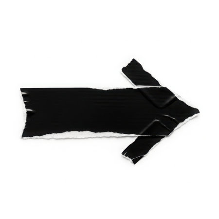 This image features a black arrow icon with a torn paper effect, isolated on a transparent background. The arrow points to the right and has a simple, minimalist design. Ideal for web design, graphic design projects, and digital illustrations.の素材