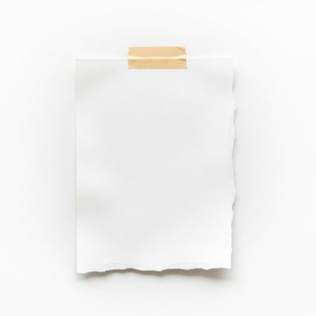 This image features a torn piece of white paper with a wooden clothespin holding it to an unseen surface. The paper appears slightly crumpled and has a rough edge from being torn. The background is white, making it suitable for various design applications. The image is clean and minimalistic, emphasizing the simplicity of the elements.の素材