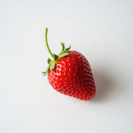 This image features a single, ripe strawberry with a vibrant red color and green leaves attached. The strawberry is prominently displayed against a white background, making it the focal point of the image. The image is ideal for use in graphic design, web design, and digital art projects.の素材