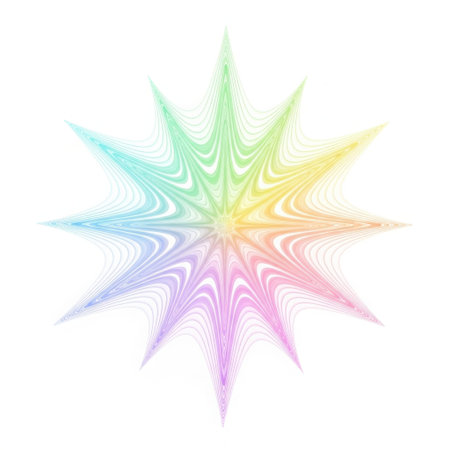 This image features a vibrant, multicolored starburst with intricate, wavy lines radiating outward. The starburst displays a gradient of colors including blue, green, yellow, and pink, creating a visually appealing and dynamic effect. The image is set against a white background, making it suitable for various design applications. Keywords: starburst, multicolored, gradient, white background, illustration.の素材