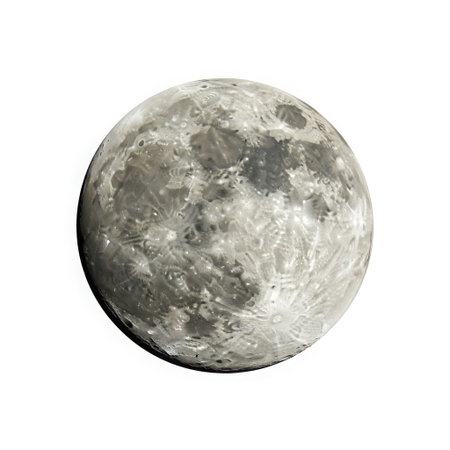 This image features a detailed and realistic depiction of a full moon. The moon is shown with its characteristic craters and surface textures. The image is on a white background, making it suitable for various design applications. Keywords: full moon, lunar surface, craters, white, background.の素材