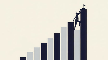 A silhouette of a person is depicted climbing a series of steps that increase in height. The individual is holding a flag, symbolizing achievement and progress. The image conveys themes of determination, perseverance, and the journey towards success.の素材
