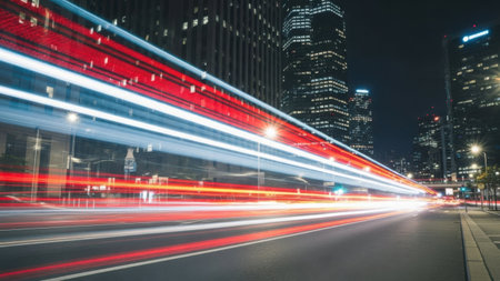 A dynamic cityscape at night featuring streaks of red and white lights from moving vehicles on a busy street, with tall buildings illuminated in the background.の素材