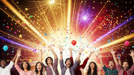A vibrant and joyful group of people celebrating New Year's Eve. They are surrounded by colorful confetti and bright lights, capturing the excitement and happiness of the moment.の素材