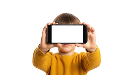 The image features a young child holding a smartphone in front of their face, obscuring their eyes. The child is wearing a yellow sweater and is set against a transparent background. The image is SEO-friendly and suitable for various digital applications.の素材