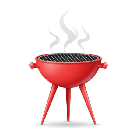 The image features a red portable grill with a transparent background. The grill has a round shape with a black grill grid on top and is supported by three red legs. Smoke is rising from the grill, indicating it is in use.の素材