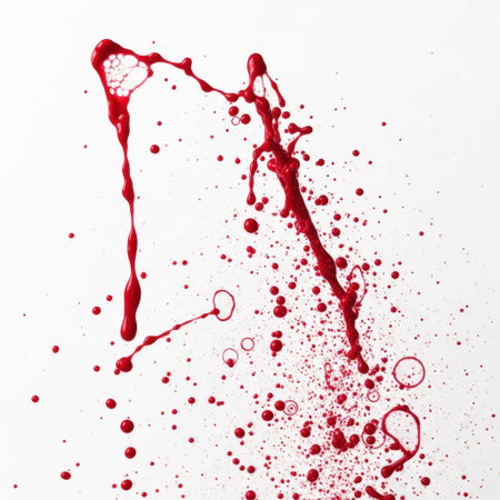 This image features a dynamic splash of red wine isolated on a transparent background. The wine droplets are scattered in various sizes and shapes, creating a visually striking effect. The white background enhances the vividness of the red wine, making it stand out prominently. Ideal for graphic design and digital art projects.の素材
