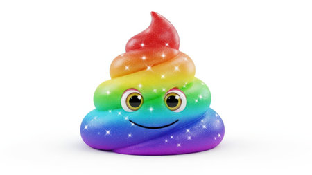This image features a playful, cartoon-style rainbow poop figure isolated on a white background. The figure has a friendly face with eyes and a smile, and it is depicted in vibrant colors including red, orange, yellow, green, blue, and purple. The image is on a transparent background, making it suitable for various digital applications.の素材