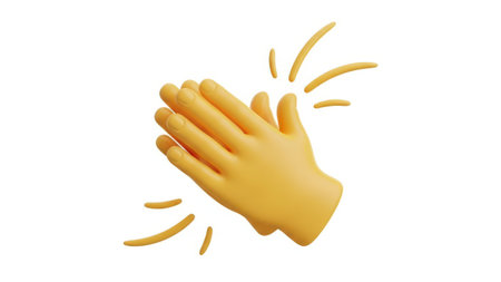This image features a 3D rendering of a pair of hands clapping, depicted as an emoji. The hands are rendered in a yellow color and are isolated on a transparent background, making it suitable for various design applications. The image is SEO-friendly and ideal for use in digital media.の素材