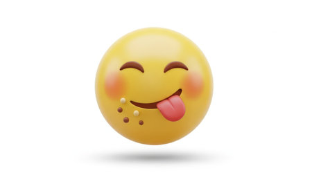 This image features a 3D-rendered yellow emoji with a smiling face, closed eyes, and a sticking-out tongue. The emoji is isolated on a transparent background, making it ideal for various digital projects. The image is SEO-friendly and suitable for web use.の素材
