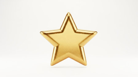 This image features a golden star icon with a glossy finish, isolated on a white background. The star is centrally positioned and stands out prominently against the transparent backdrop. The design is simple yet elegant, making it suitable for various applications including web design, branding, and graphic design projects.の素材