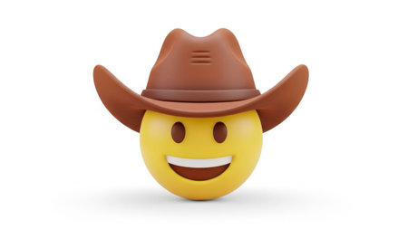 This image features a cheerful yellow emoji wearing a brown cowboy hat. The emoji has a wide smile and is isolated on a transparent background, making it ideal for various design projects. The white background provides a clean and minimalistic setting.の素材