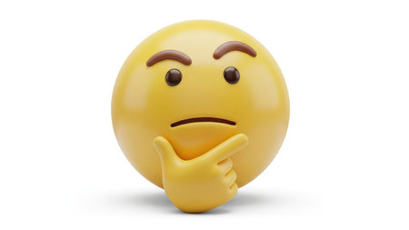 This image features a 3D rendering of a thinking emoji face with a hand on the chin, isolated on a transparent background. The emoji has a yellow complexion, expressive eyebrows, and a thoughtful expression. The white background provides a clean and professional look, making it suitable for various digital designs.の素材