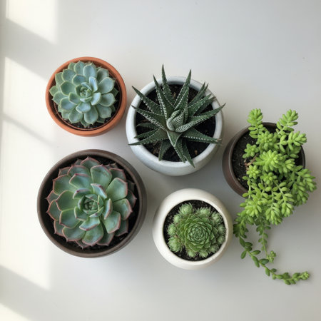 This image features a collection of various succulent plants arranged in different pots. The succulents are displayed on a transparent background, creating a clean and minimalistic aesthetic. The plants are set against a white backdrop, which highlights their vibrant green colors and unique textures. This image is ideal for use in gardening, home decor, or plant care contexts.の素材