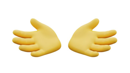 This image features a pair of yellow hands with a friendly, welcoming gesture. The hands are isolated on a transparent background, making it suitable for various digital and graphic design projects. The image is SEO-friendly and ideal for web and mobile applications.の素材