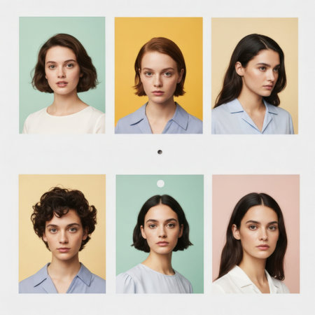 This image features six portraits of women with different hairstyles, each isolated on a white background. The women are shown against pastel-colored backgrounds, highlighting their hairstyles and expressions. The image is on a transparent background, making it suitable for various design applications. This SEO-friendly description includes relevant keywords for better search engine visibility.の素材