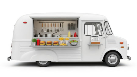 This image features the interior of a food truck, showcasing various kitchen tools, utensils, and food items. The image is on a transparent background, making it suitable for various design applications. The food truck interior includes hanging utensils, a counter with food items, and kitchen appliances.の素材