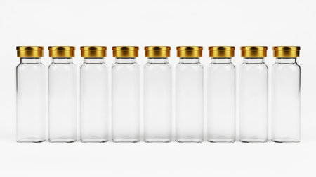 This image features ten transparent glass vials arranged in a row, each topped with a gold-colored cap. The vials are isolated on a white background and set against a transparent backdrop, making the vials the focal point of the image. The image is clear and SEO-friendly, ideal for medical or laboratory-related contexts.の素材