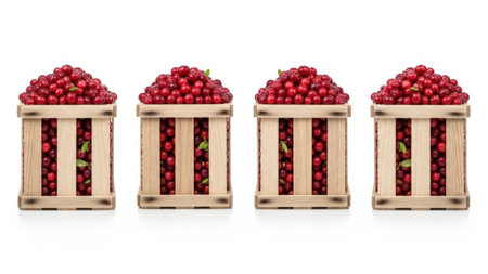 This image features four wooden crates, each filled with bright red cherries. The crates are arranged in a row, with the cherries spilling over the edges. The entire scene is set against a transparent background, making the wooden texture and vibrant color of the cherries stand out prominently. This image is ideal for use in graphic design, food packaging, or digital marketing.の素材