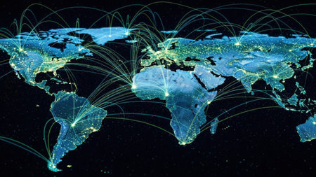 A detailed map of the world with interconnected lines representing global communication and data networks. The map highlights major continents including North America, Europe, Asia, Africa, and Australia with glowing lines indicating the flow of information across different regions.の素材
