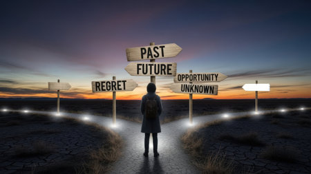 A solitary figure stands at a crossroads with multiple signs pointing in different directions, each labeled with words such as 'Past', 'Future', 'Regret', 'Opportunity', and 'Unknown'. The scene is set against a dramatic sunset, evoking themes of decision-making, reflection, and the uncertainty of life's journey.の素材
