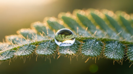 A close-up photograph of a single dewdrop resting on a spiky plant leaf. The dewdrop reflects the surrounding greenery and sky, creating a serene and natural scene.の素材
