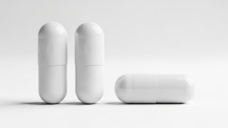This image features three white capsules isolated on a white background. The capsules are arranged in a triangular formation, with two capsules standing upright and one capsule lying on its side. The image has a transparent background, making the capsules the focal point. This minimalistic presentation highlights the simplicity and purity of the capsules.の素材