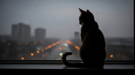A silhouette of a cat sits on a windowsill, intently gazing out through a rain-streaked window at a cityscape in the distance. The window is adorned with raindrops and reflections of city lights, creating a serene and contemplative atmosphere.の素材
